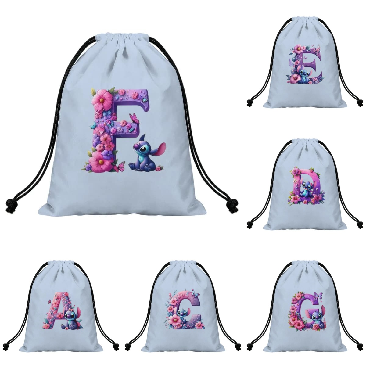 Drawstring Gym Bag - Çizgi Film Stich A-Z Alfabe Çiçek